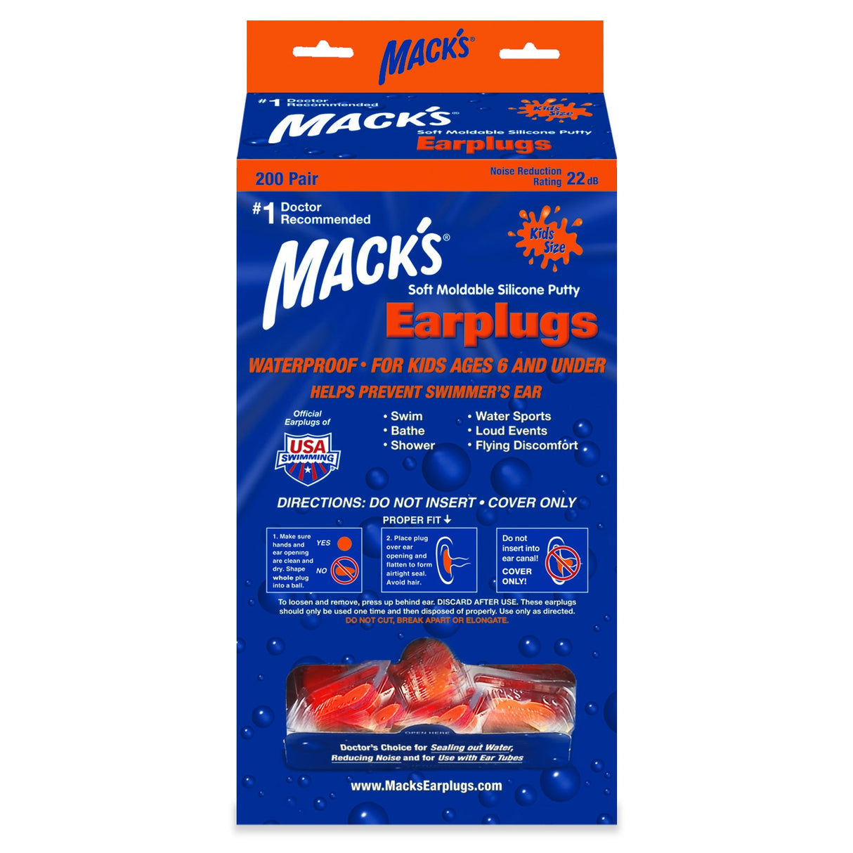 Soft Moldable Silicone Putty Earplugs Kids Size - 200 Pair Dispenser - Orange (NRR 22) Earplugs Mack's 200 Pairs  