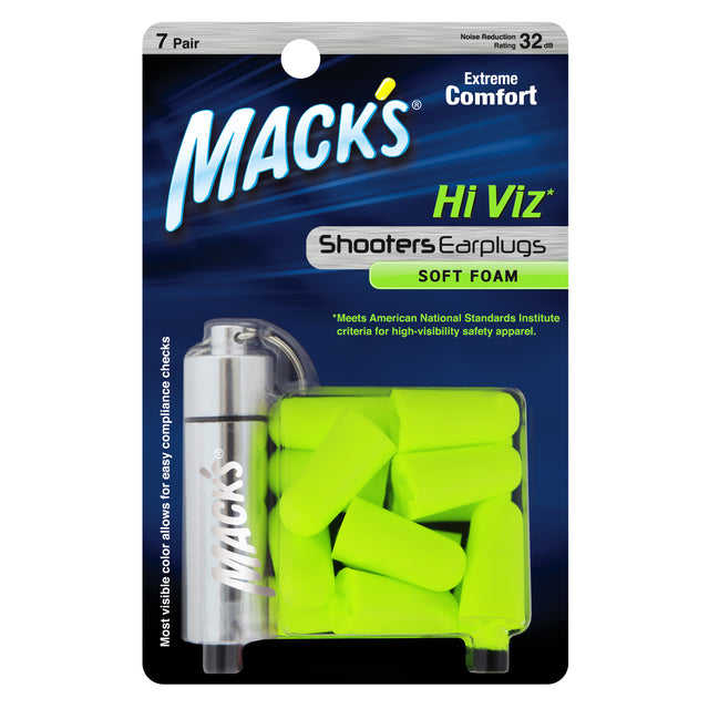 Shooters Hi Viz Soft Foam (7-Pair) Earplugs with Free Travel Case Earplugs Mack's   