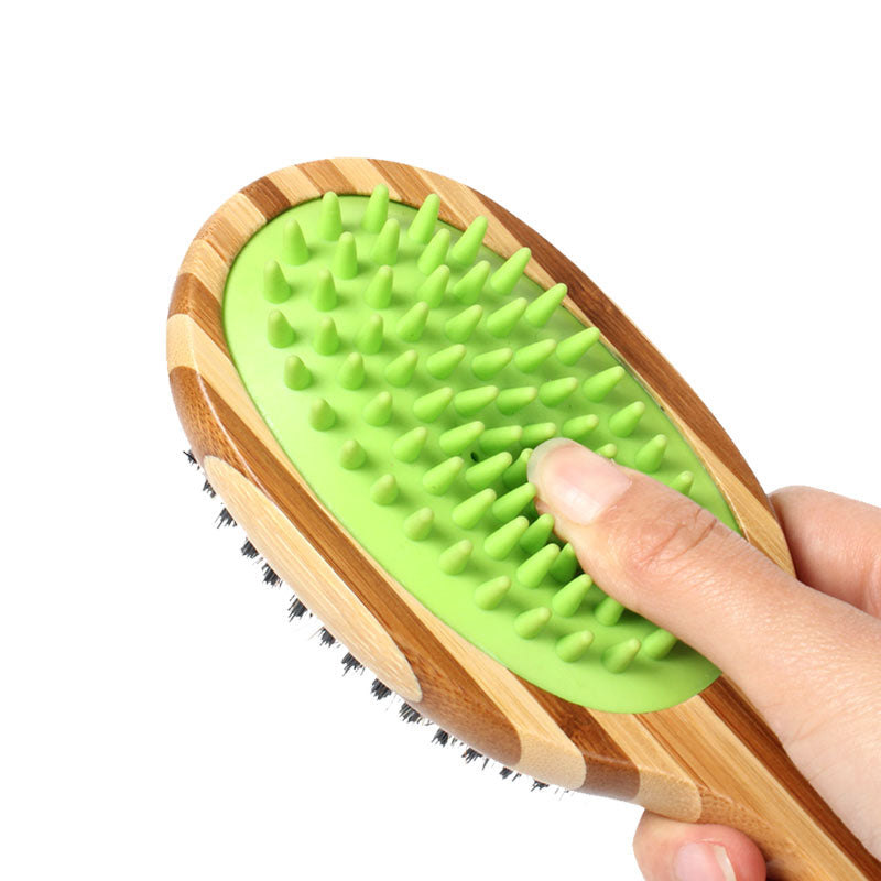 Double Sided Bamboo Dog Brush with Silicone Massager for Grooming Brush Pet Wiz   