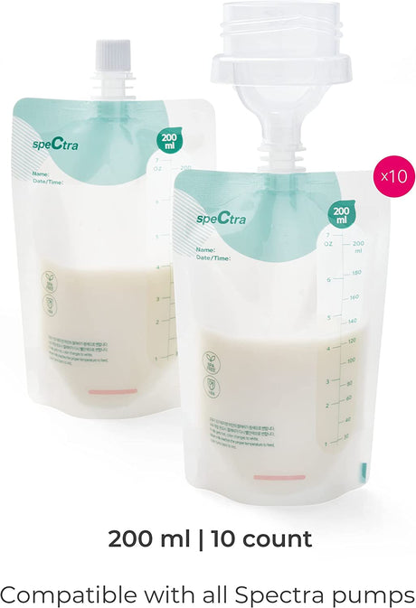 Milk Storage Bags 200 ml - 10 Count - Connector Included Breast Feeding Spectra   