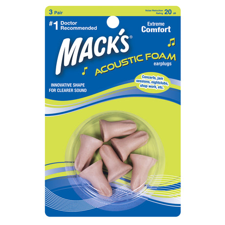 Acoustic Foam Ear Plugs Earplugs Mack's 3 Pairs  