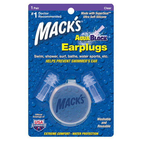Aqua Block Ear Plugs Earplugs Mack's 1 Pair (Clear) + Storage Case  