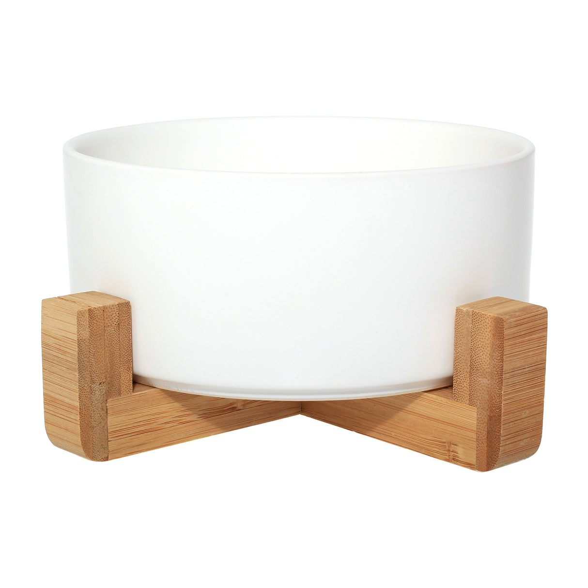 Ceramic Bowl with Bamboo Stand for Dogs & Cats Feeding Pet Wiz White  