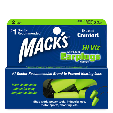 Hi Viz Soft Foam Ear Plugs Earplugs Mack's 2 Pairs Corded + Travel Case  