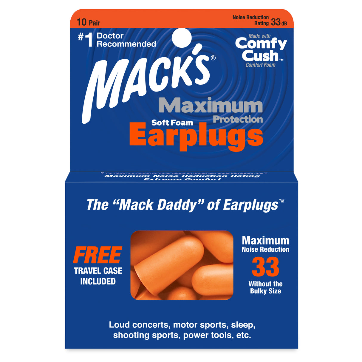 Maximum Protection Soft Foam Earplugs Earplugs Mack's 10 Pairs + Travel Case  