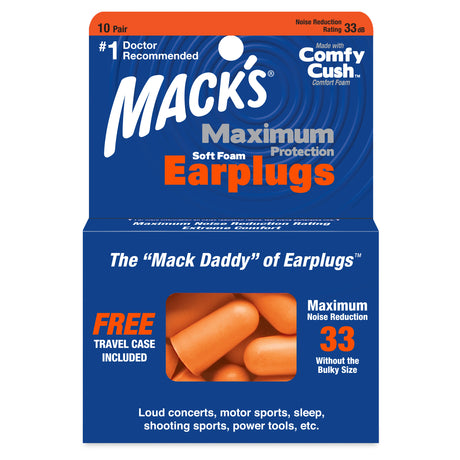 Maximum Protection Soft Foam Earplugs Earplugs Mack's 10 Pairs + Travel Case  